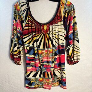 Colorful Abstract Print Womens Top With Elastic Sleeves By Evovorro - Size S
